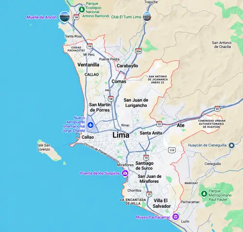 Map for the City tour in Lima-Peru